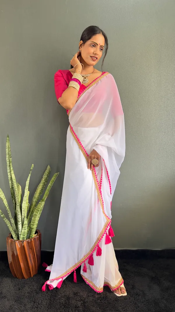 White_Ready_To_Wear_Pure_Georgette_Saree_With_Fancy_Embroidlace_And_Blouse_Piece_For_Women