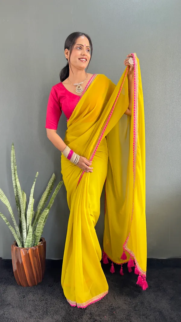 Yellow_Ready_To_Wear_Pure_Georgette_Saree_With_Fancy_Embroidlace_And_Blouse_Piece_For_Women