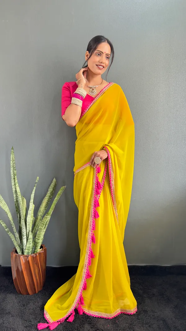 Yellow_Ready_To_Wear_Pure_Georgette_Saree_With_Fancy_Embroidlace_And_Blouse_Piece_For_Women