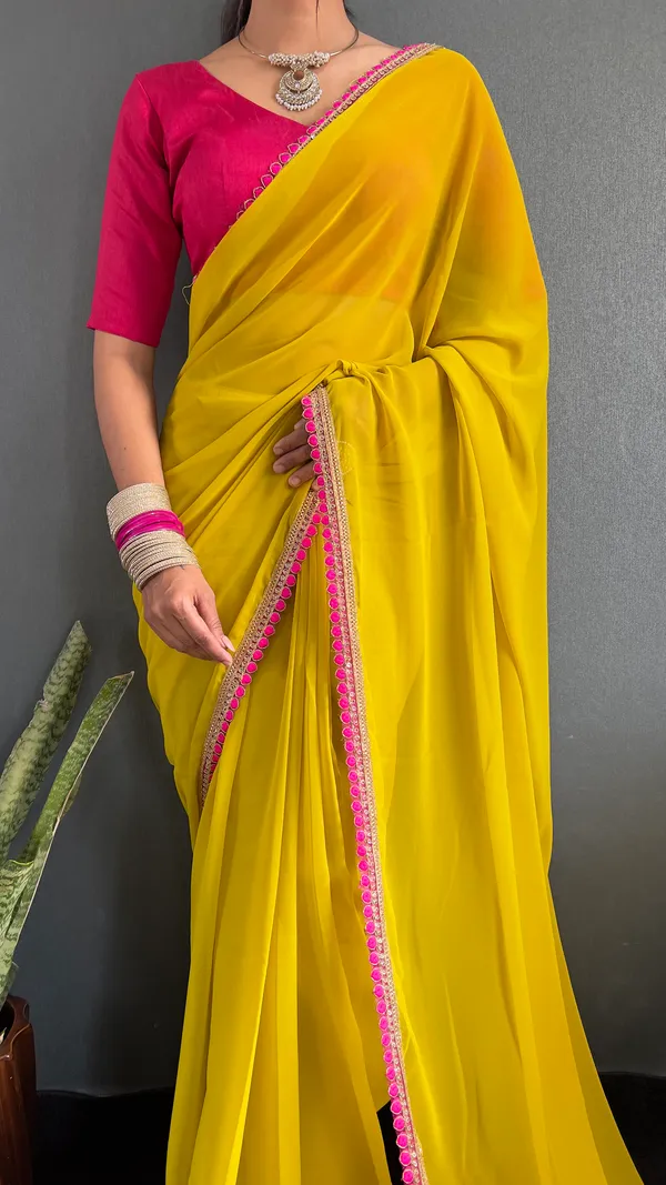Yellow_Ready_To_Wear_Pure_Georgette_Saree_With_Fancy_Embroidlace_And_Blouse_Piece_For_Women