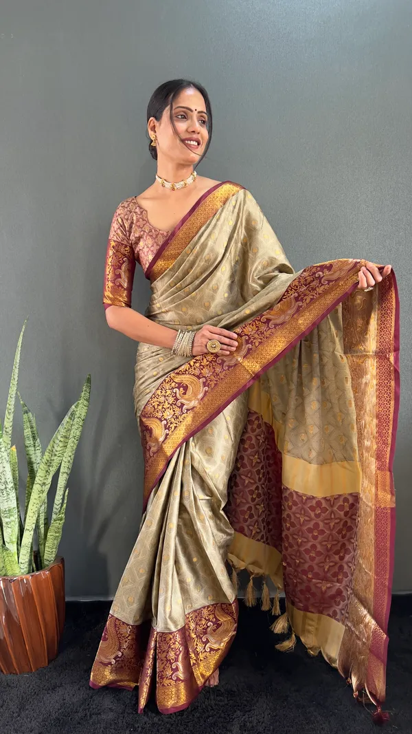 Beige_Elegant_Weave_Ready_To_Wear_Pure_Kanjivaram_Silk_Saree_With_Blouse_Piece_For_Women