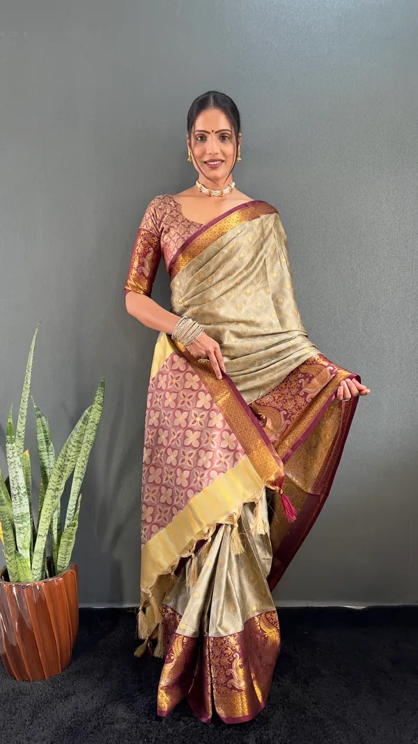Beige_Elegant_Weave_Ready_To_Wear_Pure_Kanjivaram_Silk_Saree_With_Blouse_Piece_For_Women