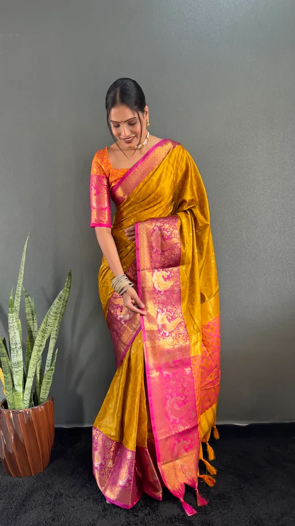 Mustard_Opulent_Ensemble_Ready_To_Wear_Pure_Kanjivaram_Silk_Saree_With_Blouse_Piece_For_Women