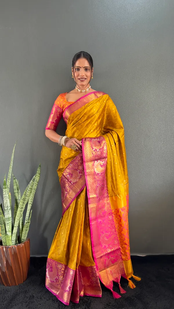 Mustard_Opulent_Ensemble_Ready_To_Wear_Pure_Kanjivaram_Silk_Saree_With_Blouse_Piece_For_Women