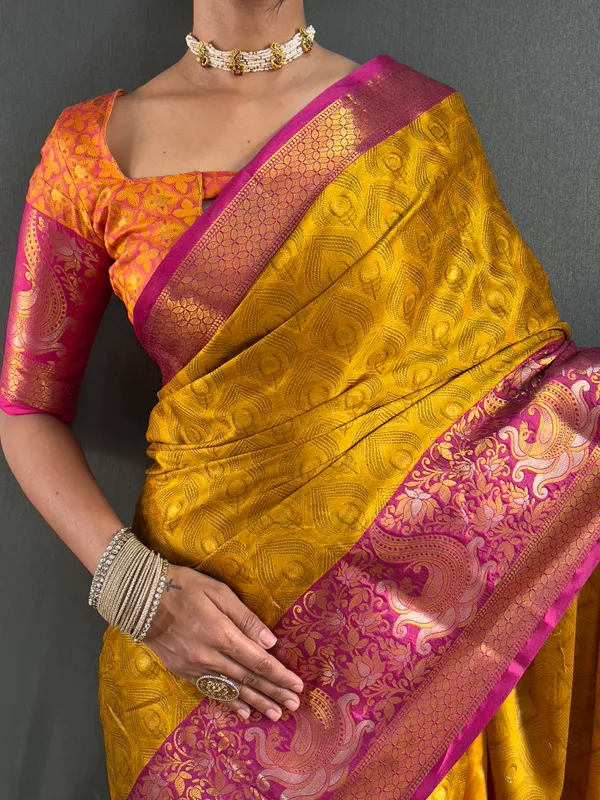 Mustard_Opulent_Ensemble_Ready_To_Wear_Pure_Kanjivaram_Silk_Saree_With_Blouse_Piece_For_Women