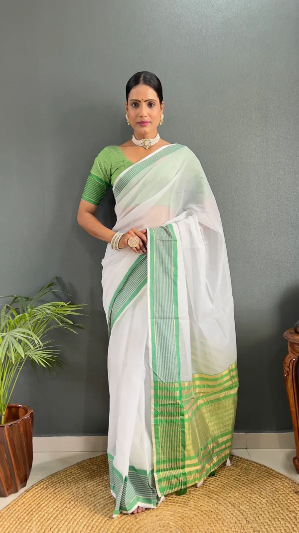 Green_Ready_To_Wear_Pure_Khadi_Linen_Cotton_Silk_Saree_With_Blouse_Piece_For_Women