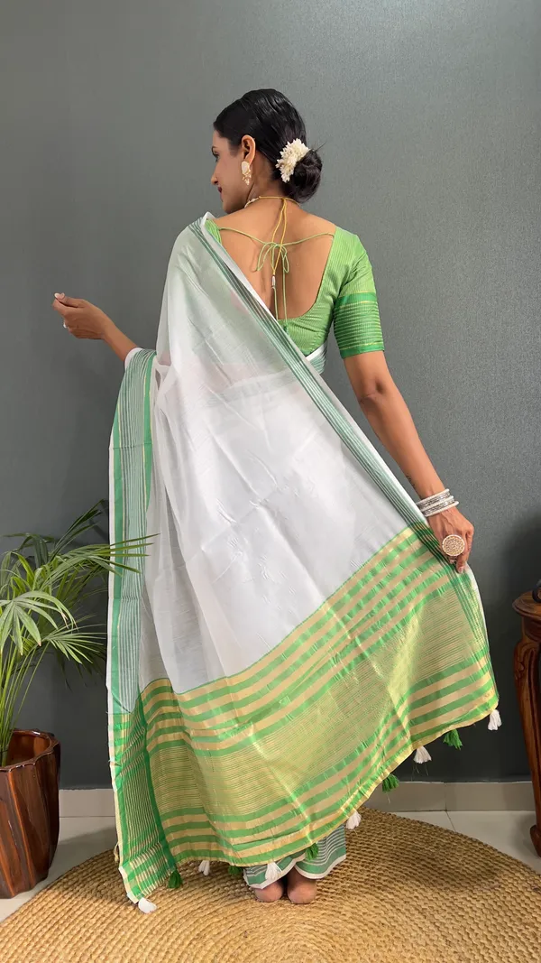 Green_Ready_To_Wear_Pure_Khadi_Linen_Cotton_Silk_Saree_With_Blouse_Piece_For_Women