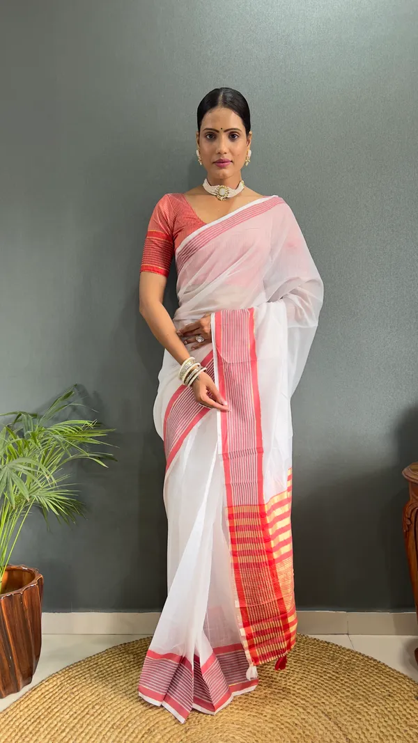 Red_Ready_To_Wear_Pure_Khadi_Linen_Cotton_Silk_Saree_With_Blouse_Piece_For_Women