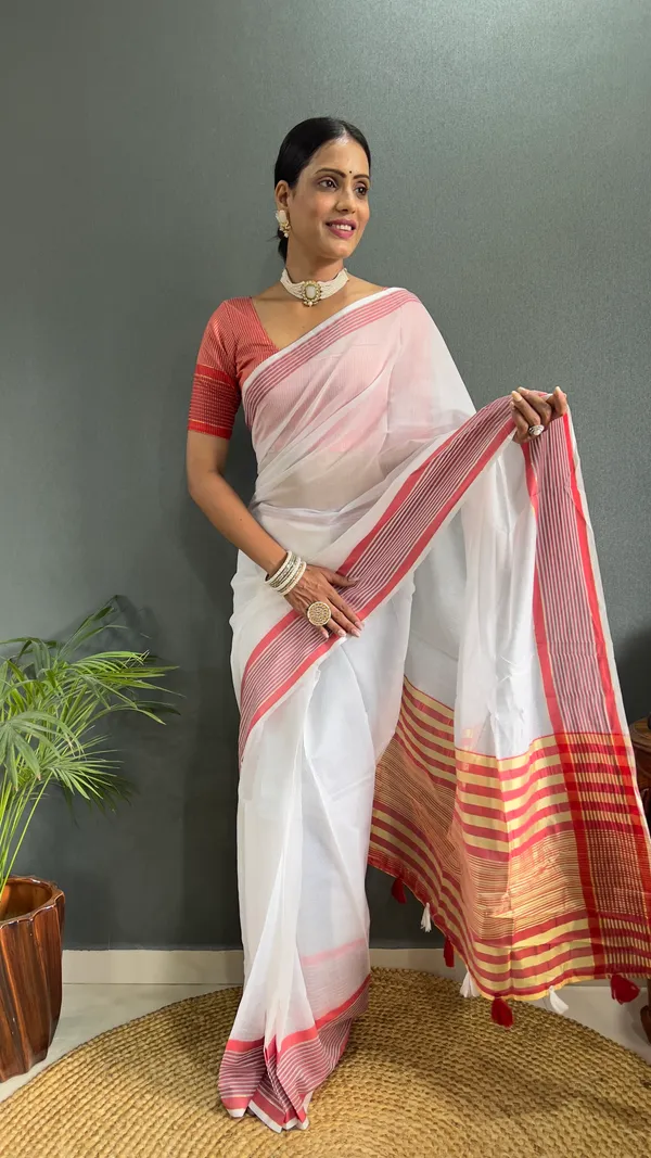 Red_Ready_To_Wear_Pure_Khadi_Linen_Cotton_Silk_Saree_With_Blouse_Piece_For_Women