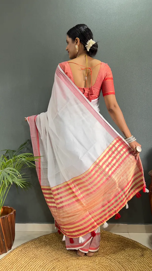 Red_Ready_To_Wear_Pure_Khadi_Linen_Cotton_Silk_Saree_With_Blouse_Piece_For_Women