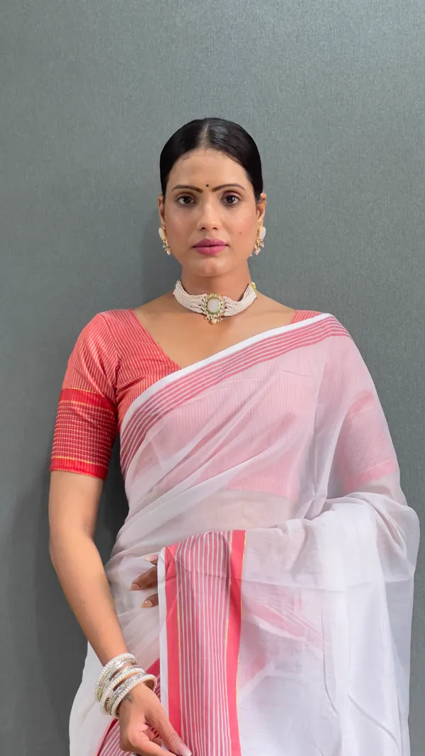 Red_Ready_To_Wear_Pure_Khadi_Linen_Cotton_Silk_Saree_With_Blouse_Piece_For_Women