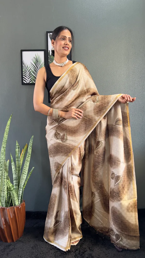 Chiku_Traditional_Attire_Ready_To_Wear_Pure_Linen_Silk_Saree_With_Bandhani_Pattern_Printed_Work_For_Women