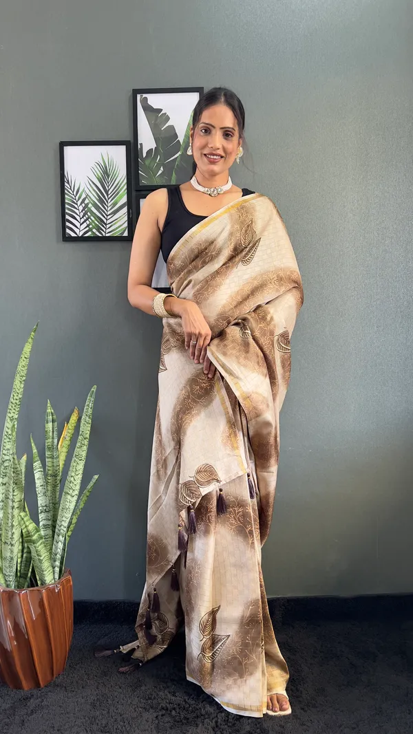 Chiku_Traditional_Attire_Ready_To_Wear_Pure_Linen_Silk_Saree_With_Bandhani_Pattern_Printed_Work_For_Women