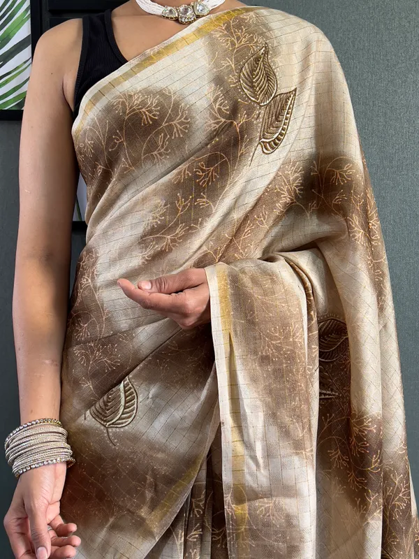 Chiku_Traditional_Attire_Ready_To_Wear_Pure_Linen_Silk_Saree_With_Bandhani_Pattern_Printed_Work_For_Women