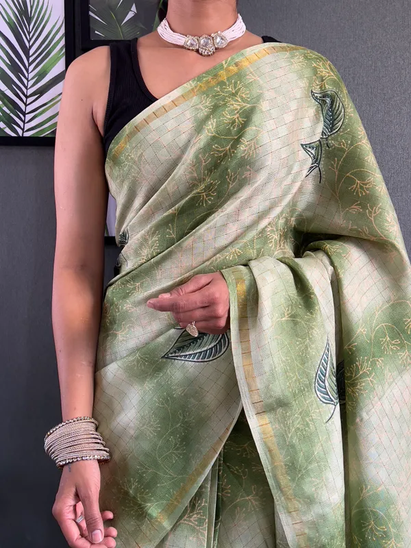 Green_Classic_Drapery_Ready_To_Wear_Pure_Linen_Silk_Saree_With_Bandhani_Pattern_Printed_Work_For_Women