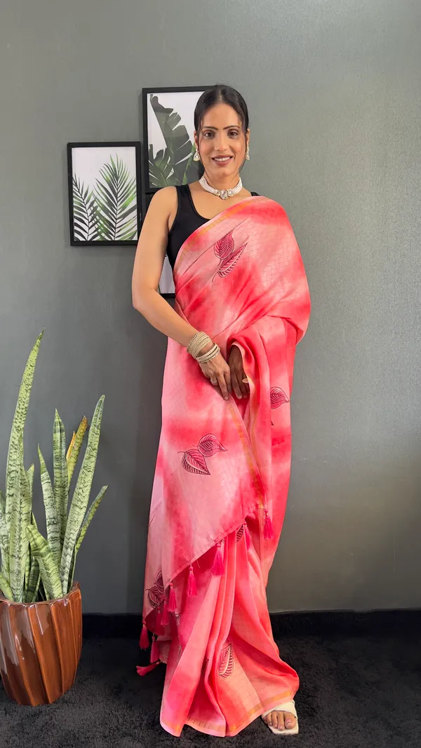 Red_Festive_Robe_Ready_To_Wear_Pure_Linen_Silk_Saree_With_Bandhani_Pattern_Printed_Work_For_Women