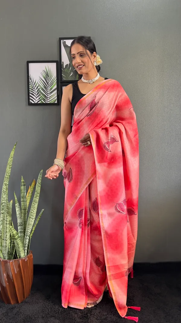 Red_Festive_Robe_Ready_To_Wear_Pure_Linen_Silk_Saree_With_Bandhani_Pattern_Printed_Work_For_Women