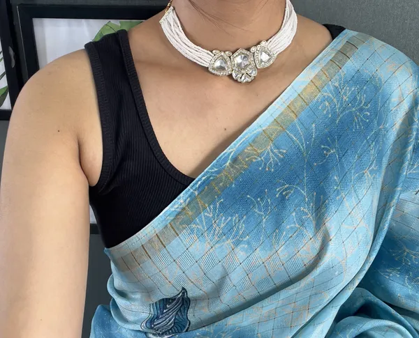 Sky_Indian_Ensemble_Ready_To_Wear_Pure_Linen_Silk_Saree_With_Bandhani_Pattern_Printed_Work_For_Women