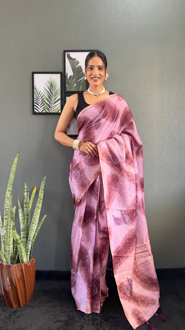 Wine_Cultural_Ready_To_Wear_Pure_Linen_Silk_Saree_With_Bandhani_Pattern_Printed_Work_For_Women