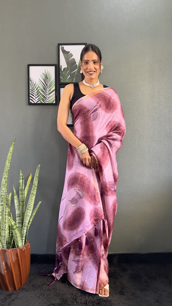Wine_Cultural_Ready_To_Wear_Pure_Linen_Silk_Saree_With_Bandhani_Pattern_Printed_Work_For_Women