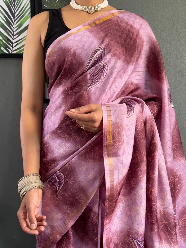 Wine_Cultural_Ready_To_Wear_Pure_Linen_Silk_Saree_With_Bandhani_Pattern_Printed_Work_For_Women