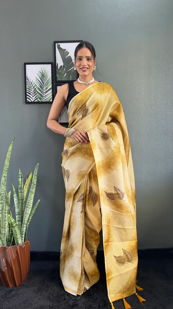 Yellow_Graceful_Ready_To_Wear_Pure_Linen_Silk_Saree_With_Bandhani_Pattern_Printed_Work_For_Women