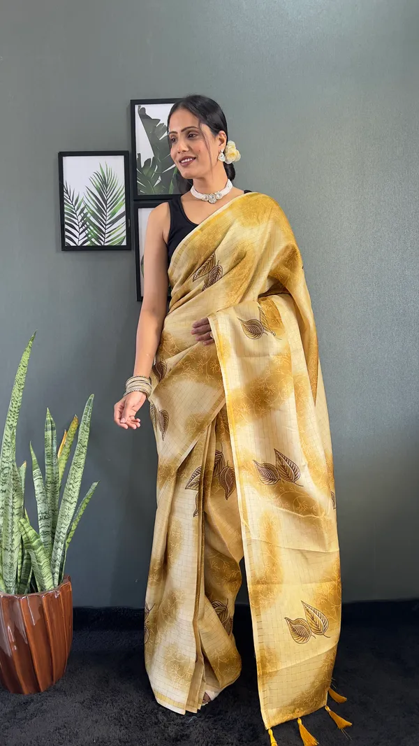 Yellow_Graceful_Ready_To_Wear_Pure_Linen_Silk_Saree_With_Bandhani_Pattern_Printed_Work_For_Women