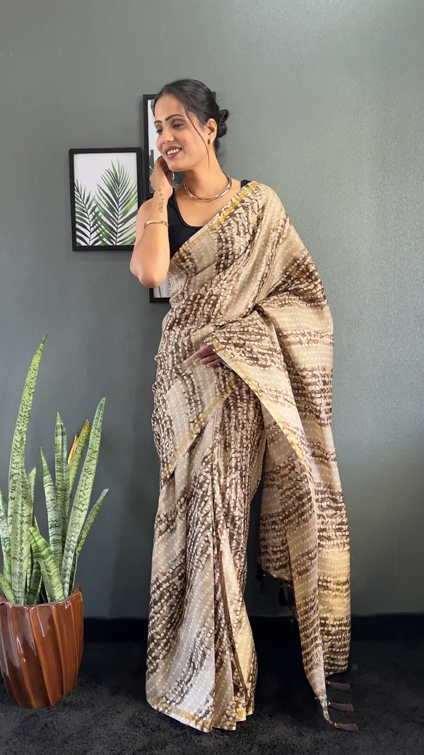 Chiku_Traditional_Attire_Ready_To_Wear_Pure_Linen_Silk_Saree_With_Bandhani_Pattern_Printed_Work_For_Women