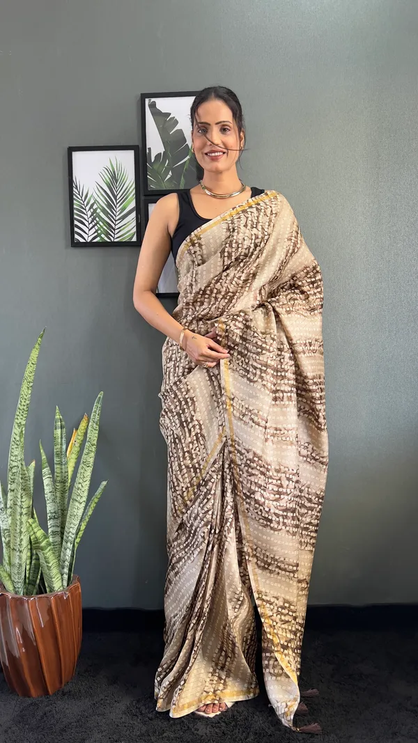 Chiku_Traditional_Attire_Ready_To_Wear_Pure_Linen_Silk_Saree_With_Bandhani_Pattern_Printed_Work_For_Women