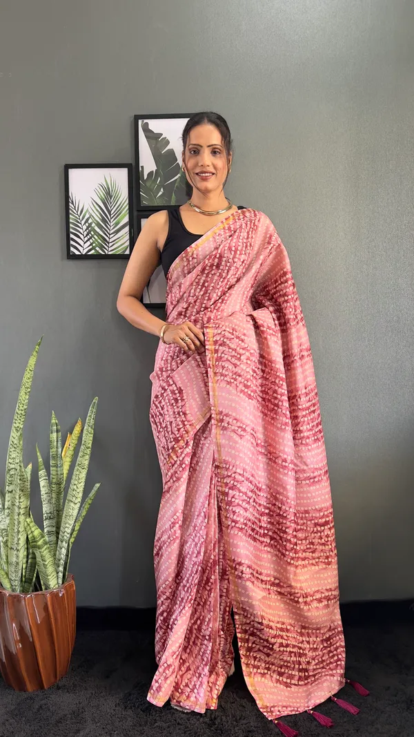 Peach_Festive_Robe_Ready_To_Wear_Pure_Linen_Silk_Saree_With_Bandhani_Pattern_Printed_Work_For_Women