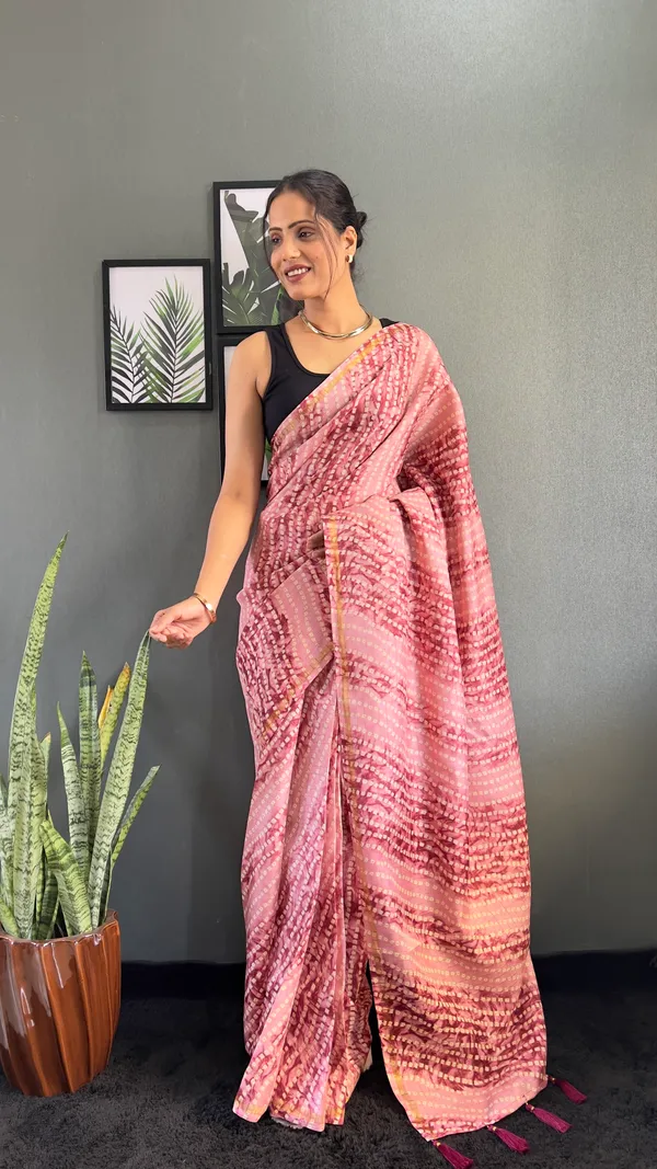 Peach_Festive_Robe_Ready_To_Wear_Pure_Linen_Silk_Saree_With_Bandhani_Pattern_Printed_Work_For_Women