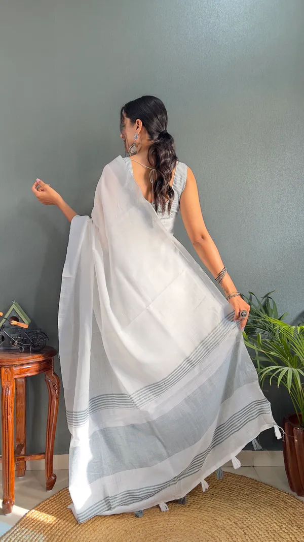 Grey_Ready_To_Wear_Pure_Khadi_Linen_Cotton_Silk_Saree_With_Blouse_Piece_For_Women