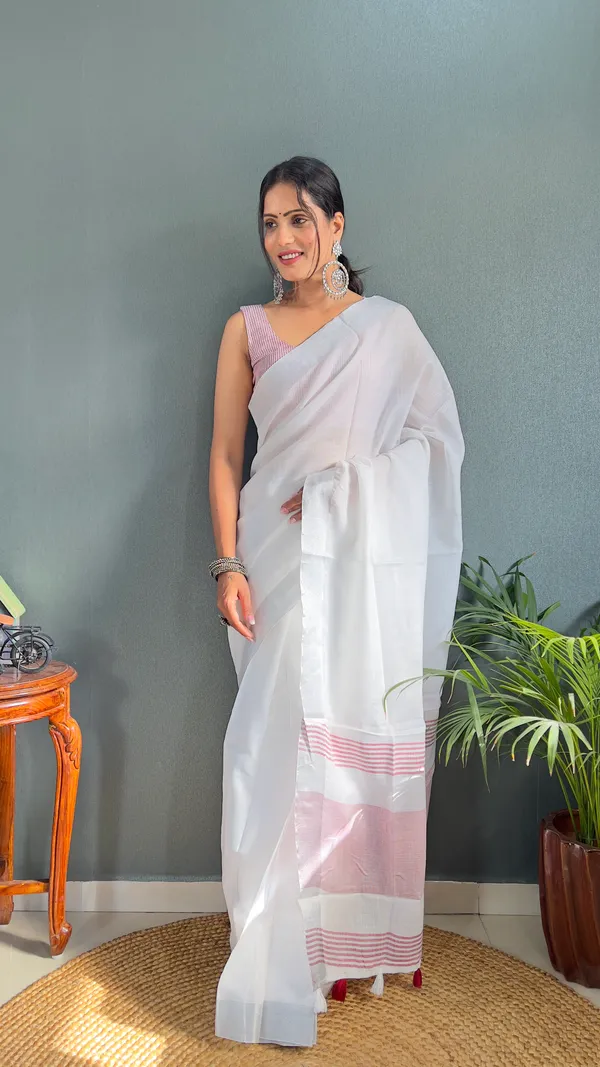 Red_Ready_To_Wear_Pure_Khadi_Linen_Cotton_Silk_Saree_With_Blouse_Piece_For_Women