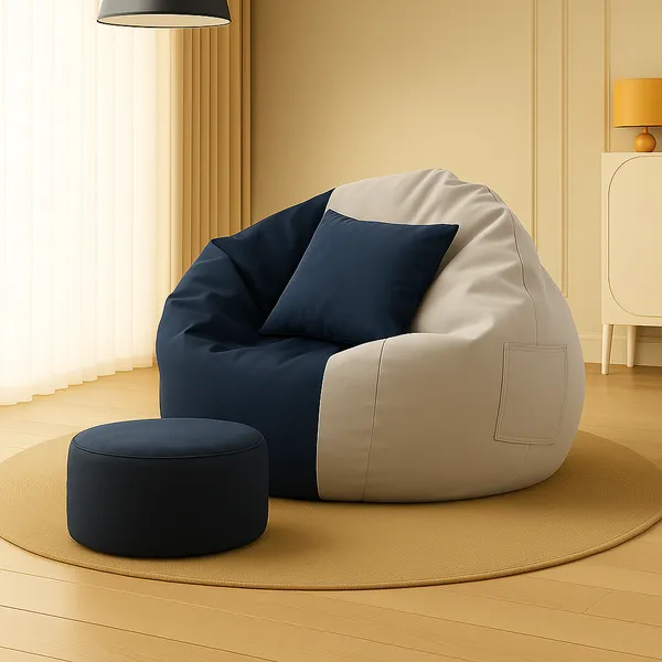 Navy_Blue_And_Cream_Tear_Drop_Bean_Bag_Cover_With_Footrest_Cushion_Without_Beans