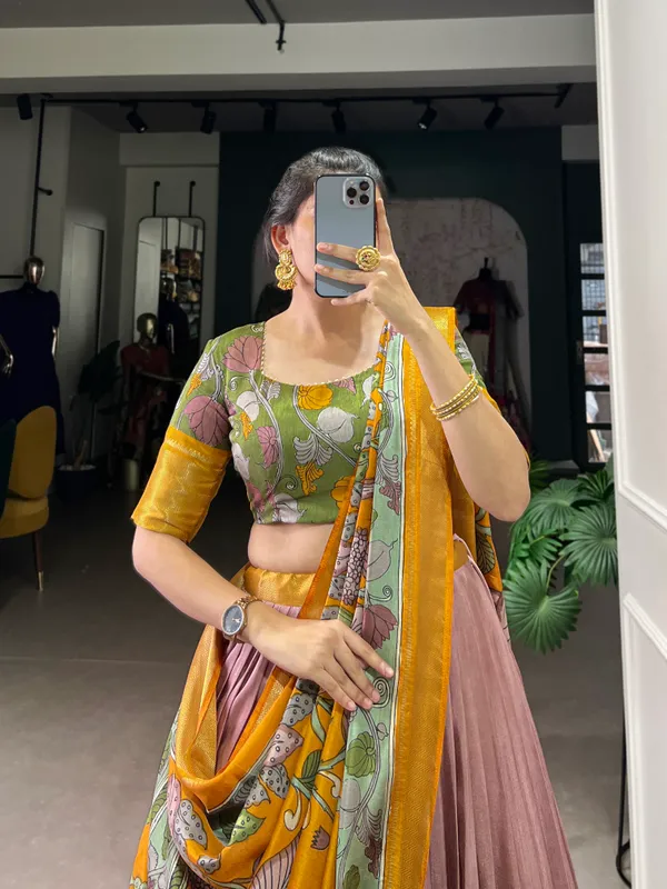 Women's_Dola_Silk_(Jacquard_Silk)_Printed_(Kalamkari)_With_Zari_Weaving_Border__Lehenga_choli�