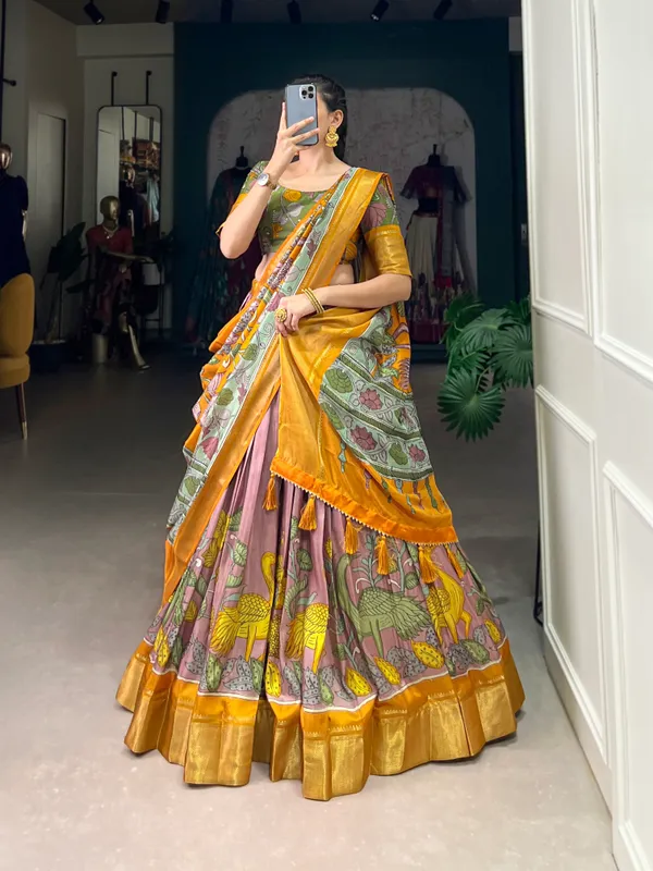 Women's_Dola_Silk_(Jacquard_Silk)_Printed_(Kalamkari)_With_Zari_Weaving_Border__Lehenga_choli�