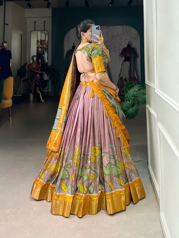 Women's_Dola_Silk_(Jacquard_Silk)_Printed_(Kalamkari)_With_Zari_Weaving_Border__Lehenga_choli�