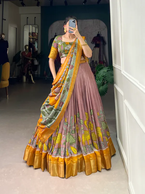 Women's_Dola_Silk_(Jacquard_Silk)_Printed_(Kalamkari)_With_Zari_Weaving_Border__Lehenga_choli�