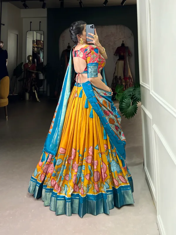 Women's_Dola_Silk_(Jacquard_Silk)_Printed_(Kalamkari)_With_Zari_Weaving_Border__Lehenga_choli�