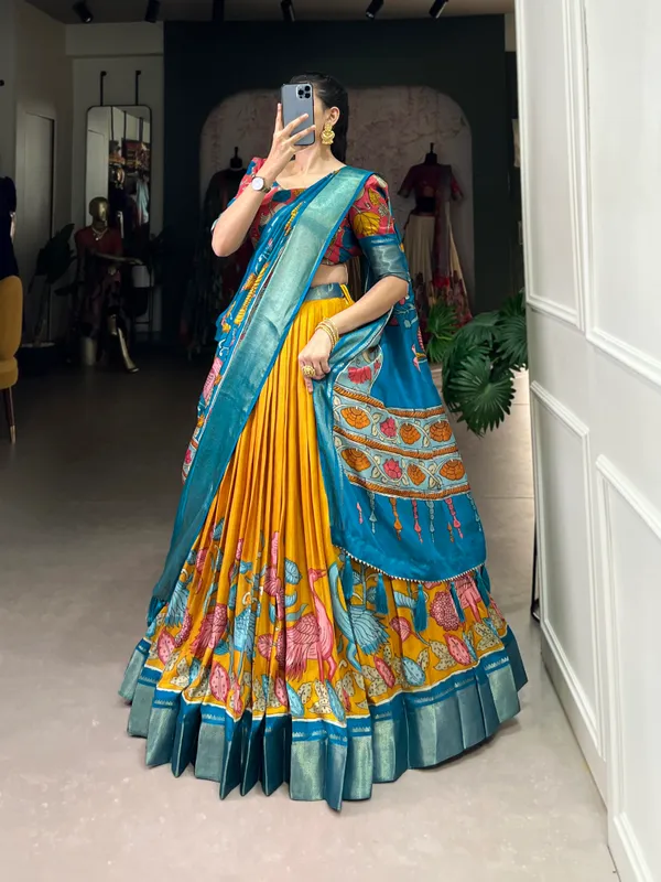 Women's_Dola_Silk_(Jacquard_Silk)_Printed_(Kalamkari)_With_Zari_Weaving_Border__Lehenga_choli�