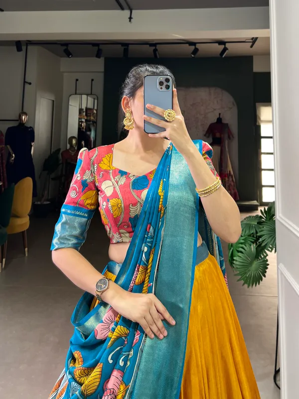 Women's_Dola_Silk_(Jacquard_Silk)_Printed_(Kalamkari)_With_Zari_Weaving_Border__Lehenga_choli�