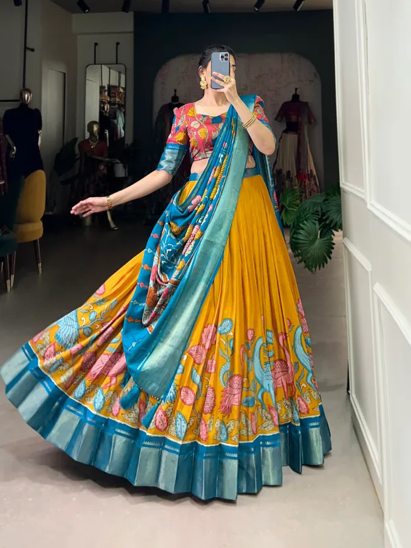 Women's_Dola_Silk_(Jacquard_Silk)_Printed_(Kalamkari)_With_Zari_Weaving_Border__Lehenga_choli�