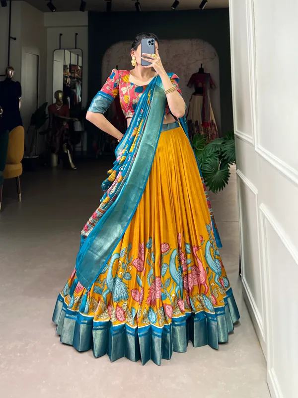 Women's_Dola_Silk_(Jacquard_Silk)_Printed_(Kalamkari)_With_Zari_Weaving_Border__Lehenga_choli�