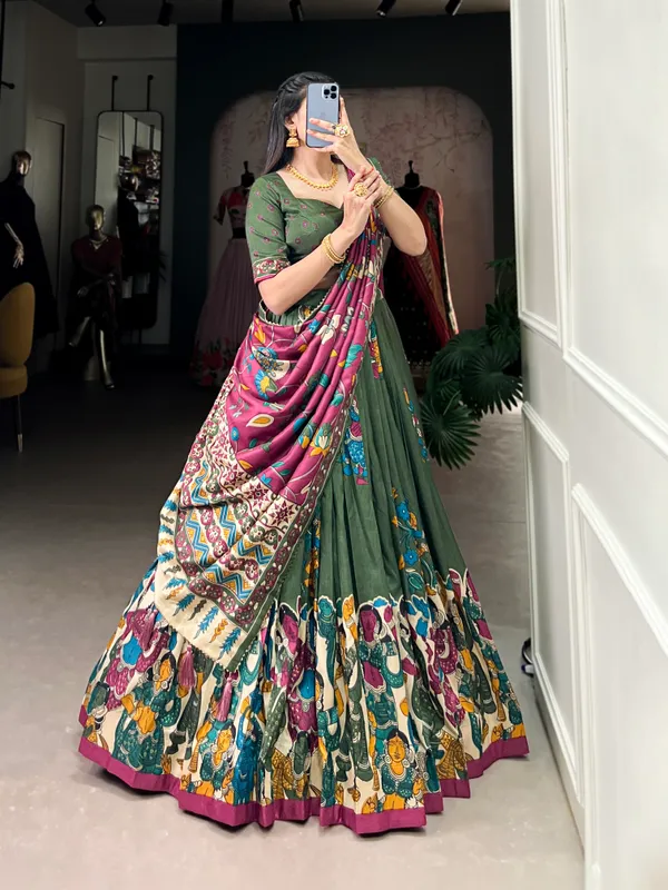 Tussar_Silk_Patola_Print_Trendy_Lehenga_Choli_in_Green
