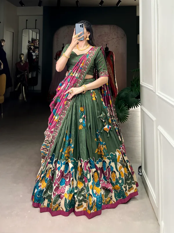 Tussar_Silk_Patola_Print_Trendy_Lehenga_Choli_in_Green
