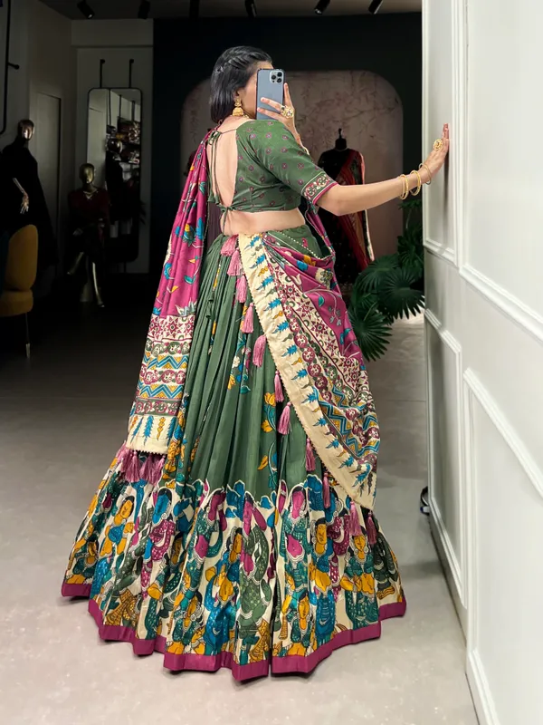 Tussar_Silk_Patola_Print_Trendy_Lehenga_Choli_in_Green