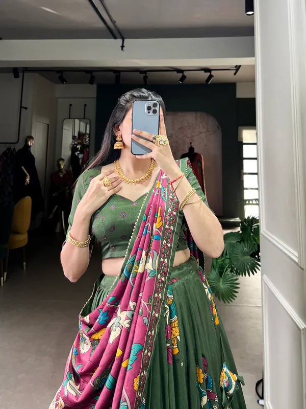 Tussar_Silk_Patola_Print_Trendy_Lehenga_Choli_in_Green