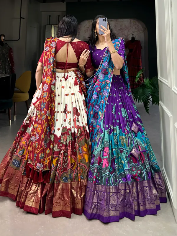 White_color_tussar_silk_foil_print_lehenga_choli