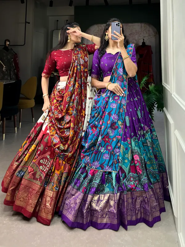 Purple_color_tussar_silk_foil_print_lehenga_choli