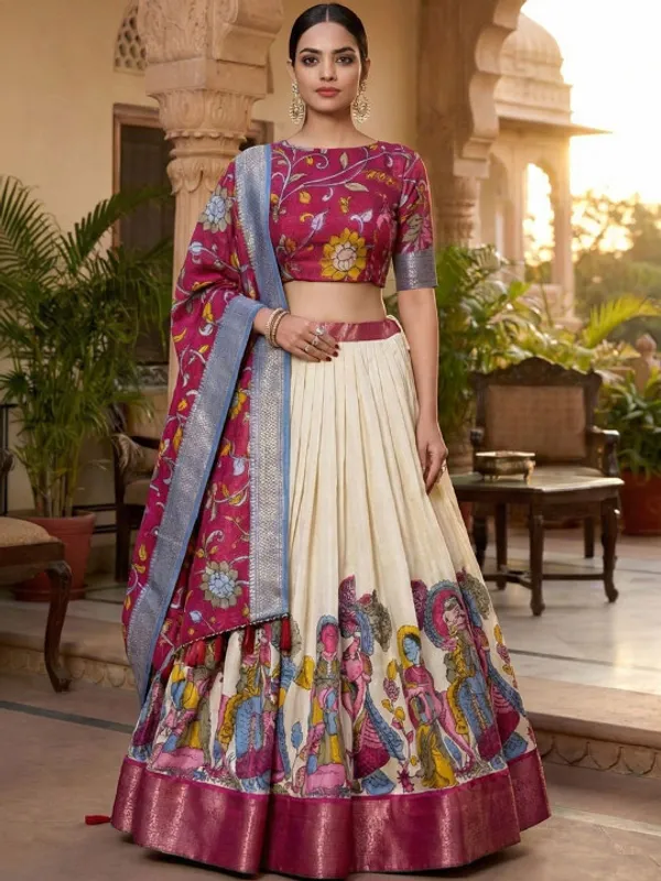 White_Color_Dola_Silk_Designer_Kalamkari_Print_Lehenga_Choli